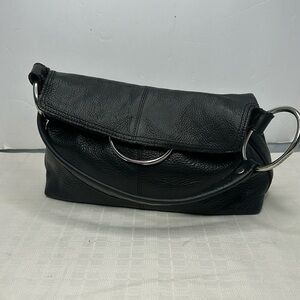 Alfani Black Pebbled Medium Shoulder Bag Fold Over Hobo with Silver Rings